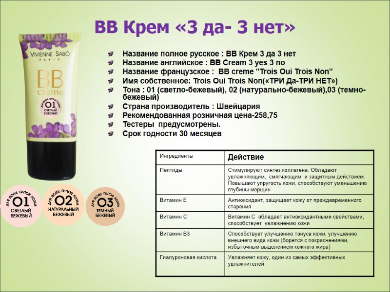 ВВ Крем «3 да- 3 нет» Название полное русское : ВВ Крем 3 да